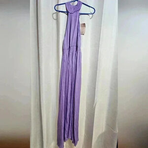 High Neck Maxi Dress with Smocked Waist and Button Neck